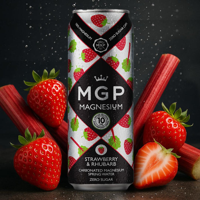 NEW! MGP Strawberry & Rhubarb Sparkling Spring Water with Magnesium (24 drinks, £1.83 per can)